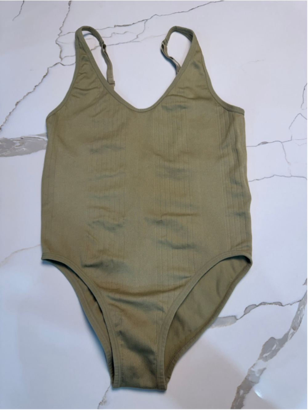 Aerie Ribbed V-Neck Spaghetti Strap Seamless Tank Bodysuit Size M Sage Green